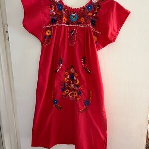 Vintage Mexican Red Embroidered Mini Dress Huipil handmade XS floral
